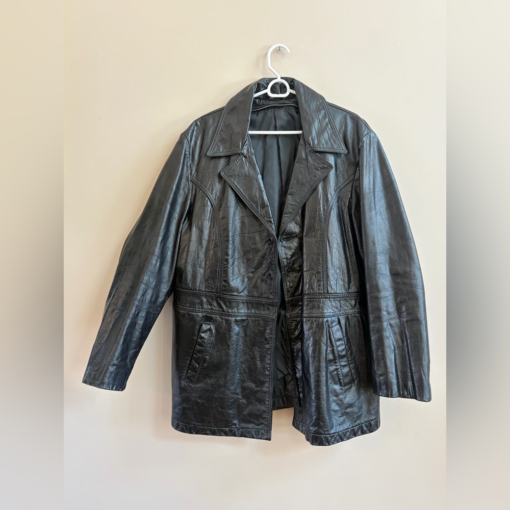 Vintage Black Genuine Leather Mid Length Collared Jacket with Pockets, USA